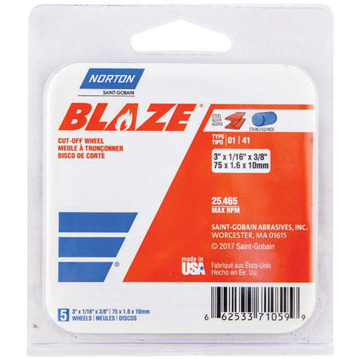 Norton Abrasives Norton Blaze 71059 Cut-Off Wheel, 3 in Dia, 1/16 in THK Wheel, 3/8 in Center Hole,
