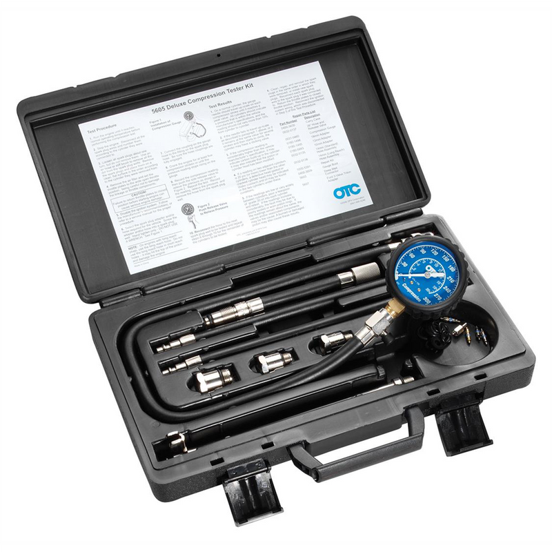 Tools Deluxe Compression Tester Kit 5605 with 25" flex hose, adapters and repair parts