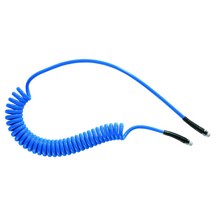 Prevost spiral hose (blue) with fixed and swivel male fittings.