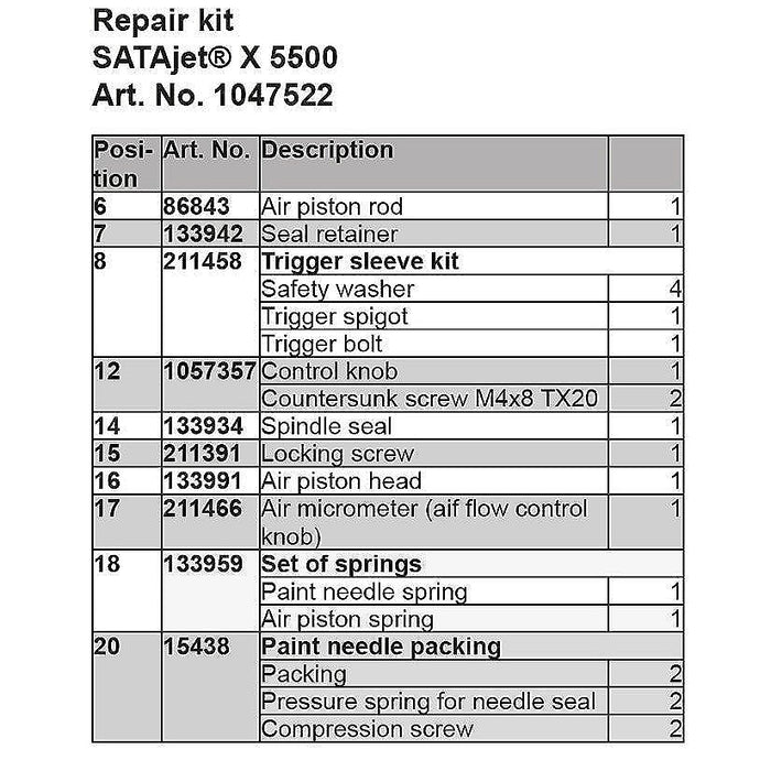 SATA® 1047522 Repair Kit, Use With: SATAjet® X5500 Spray Gun