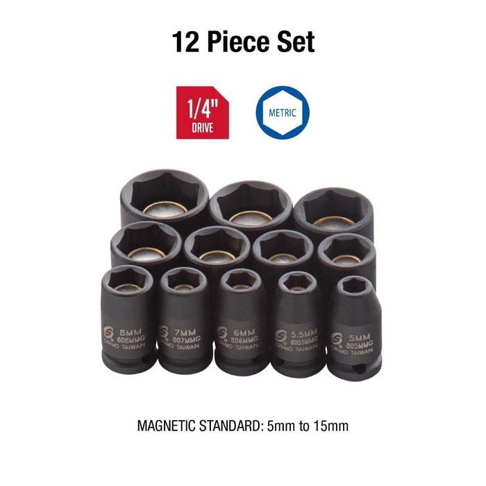 Sunex Tools 1/4 Inch Drive Metric 6 Point Standard Magnetic Impact Socket Set - 6 Piece