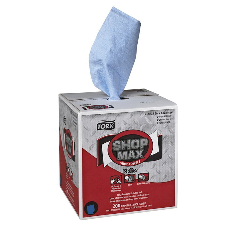 Tork / SCA Tissue Tork ShopMax 450337 Centerfeed Dry Wipe, 216.67 ft L x 9 in W Roll, 200, Paper, Bl