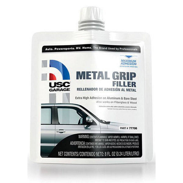 US Chemical & Plastics 77706 Metal Grip Filler, 8 oz Pouch, Silver-Gray, Liquid — Silver/Gray