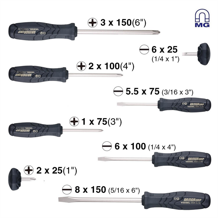 Vessel Tools USA GRIP Screwdriver 8PC. Set
