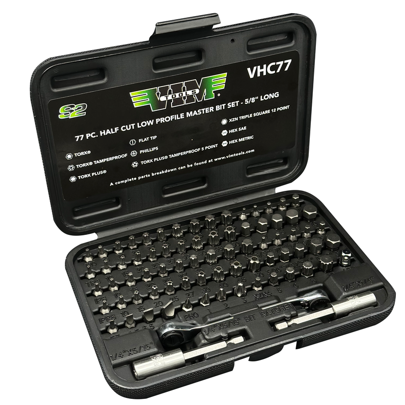 VHC77 77-Piece Half-Cut Bit Set, 5/8" Long Steel Bits, Heat-Treated