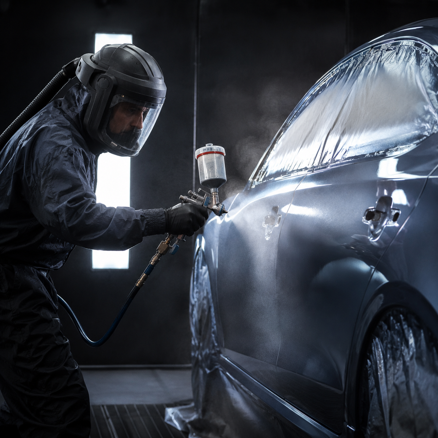 HVLP spray gun laying down basecoat on a panel