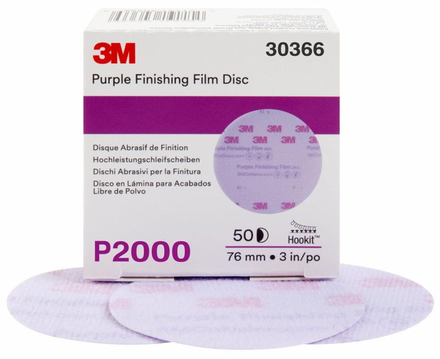 3M™ 30366 260L Series Abrasive Disc, 3 in Dia, P2000 Grit, Hook and Loop, Purple