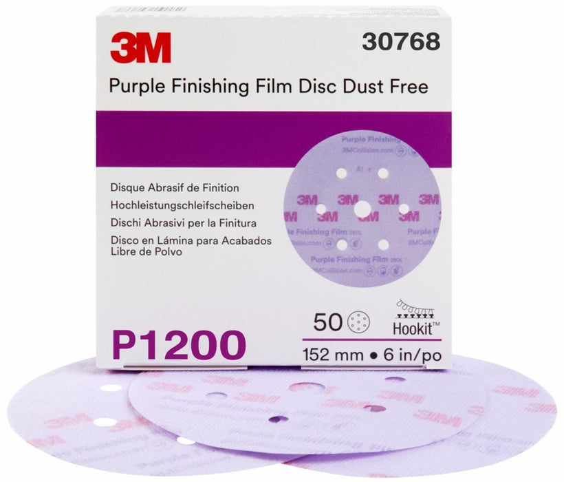 3M™ 30768 260L Series Dust Free Abrasive Disc, 6 in Dia, P1200 Grit, Hook and Loop, Purple