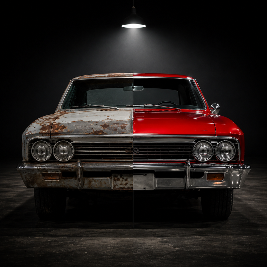 Profile silhouette of a classic coupe under restoration