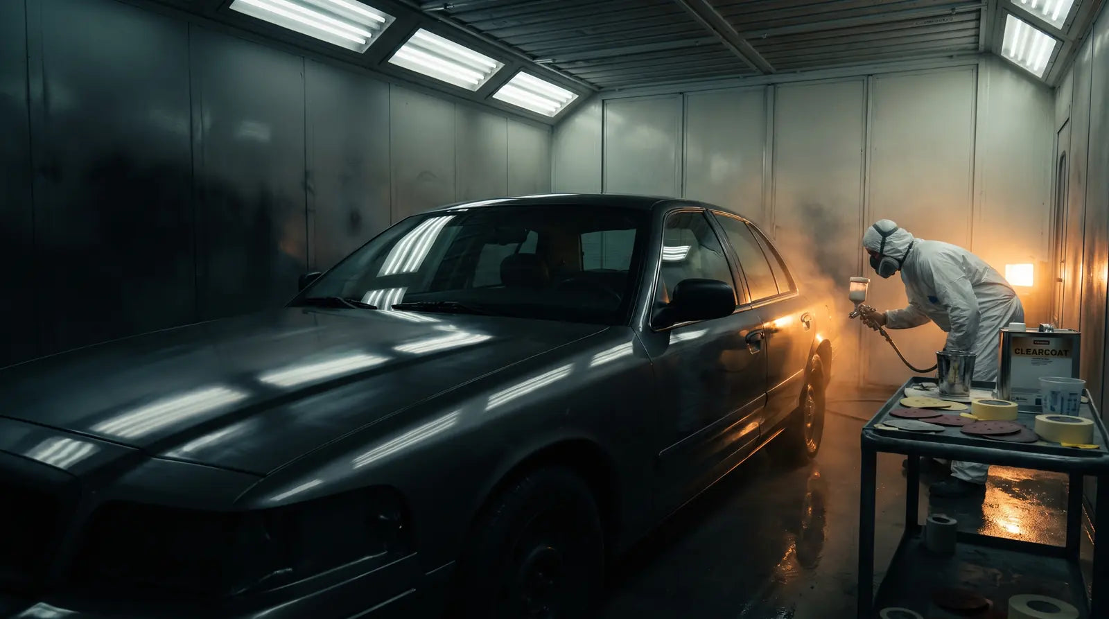 Primered sedan in a paint booth, painter spraying clearcoat in warm light
